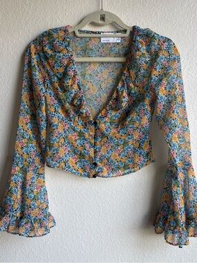 ASOS Design Fairy Whimsy Cottage Sheer Floral Ditsy Flared Sleeve Top Petite 0